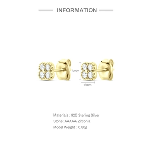 Detail view of 6mm clover stud earrings in 925 sterling silver with AAAAA zirconia