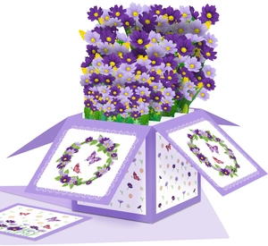 Detail view of 3D pop-up greeting card featuring a bouquet of purple and yellow cosmos flowers