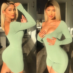 Slim fit mint green ribbed knit long sleeve bodysuit with deep U-neckline for women