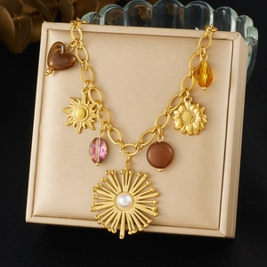 Collier En Acier Inoxydable Plaqué Or Bohème Tournesol Soleil Pendentif Avec Fausse Künstliche Perle Et Künstliche Perles Vintage Femme