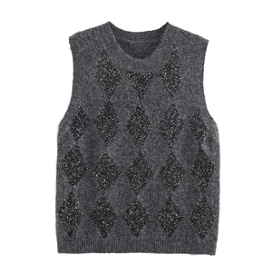 Dark grey crewneck knit vest with diamond lattice pattern and shimmering sequins on white background
