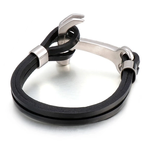 Men's multilayer black leather bracelet with 316L stainless steel wrench buckle clasp