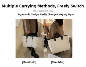 Canvas bucket tote bag showing hand-held and shoulder chain strap styling options