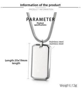 Polished silver stainless steel dog tag pendant with chain showing dimensions 35X19mm