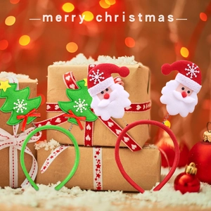 Christmas headband set with Santa Claus and Xmas tree figures on festive gift boxes