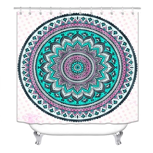 Waterproof mandala shower curtain with teal and pink patterns on polka dot background