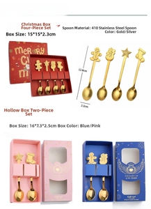 Macro shot of 410 stainless steel gold plated Christmas spoons with cartoon festive charms