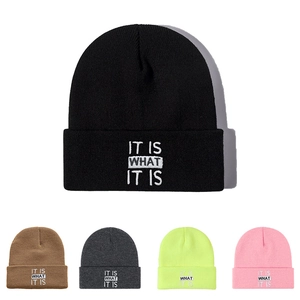 Knit Beanie Hat Acrylic Warm Winter Cold Weather Embroidery Letter Print Casual Unisex Slouchy Skull Cap