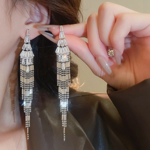 Elegant silver long tassel earrings with sparkling zircon detail shown on a female model
