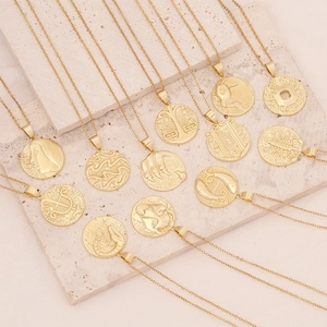 Constellation Pendant Necklace Copper 18K Gold Plated Round Coin Zodiac Sign Clavicle Chain Retro Fashion Jewelry