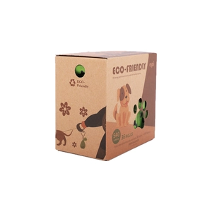Detail showing 36 rolls of 540 biodegradable poop bags in eco-friendly packaging