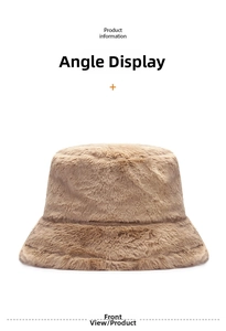 Vue de face détaillée d'un chapeau bob en peluche camel chaud avec texture en fausse fourrure