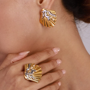 Oceaanstijl Schelpvorm Roestvrij Staal Kunstparel Sieraden Waterdicht Hypoallergeen Goud Zilveren Ring En Oorbellen Voor Vrouwen