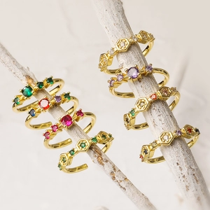 Geometric Honeycomb Open Ring Copper Gold Plated Colorful Cubic Zirconia Adjustable Luxury Fashion Jewelry For Women