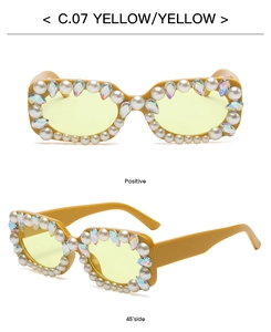 Detail of square yellow sunglasses with pearl and crystal rhinestones from two angles