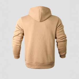 Back view of a khaki knit cotton hoodie featuring ribbed cuffs and a straight hem design