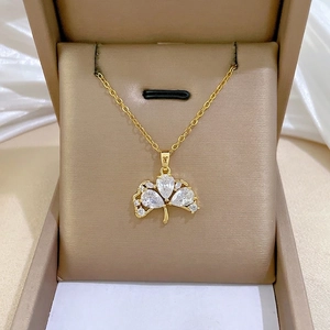 Ginkgo Leaf Pendant Necklace Stainless Steel Chain Copper Inlaid Zircon Sparkly Elegant Clavicle Jewelry For Women