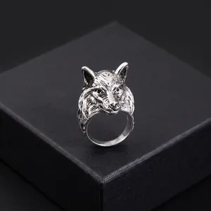 Vintage silver wolf head ring for men with detailed engraving and hip hop style