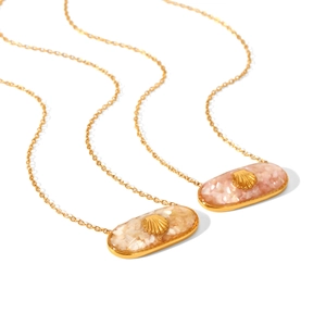 Minimalist gold stainless steel necklaces with pink shell oval pendants for ocean vacation