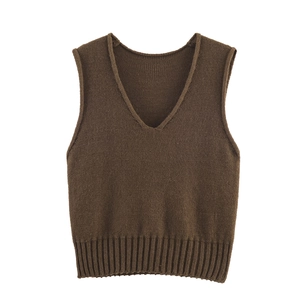 Gilet en maille marron à col en V pour femme avec ourlet côtelé sur fond blanc pur