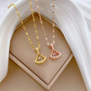Elegant Fan Shaped Skirt Pendant Necklace Stainless Steel Chain Copper Micro Pave Zircon Dancing Stone Jewelry Women