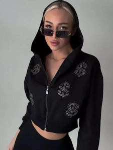 Women Rhinestone Dollar Sign Zip Up Hoodie Cotton Polyester Short Loose Streetwear Long Sleeve Casual Outerwear
