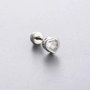 Polished silver titanium steel screw back stud earring with heart zircon stone