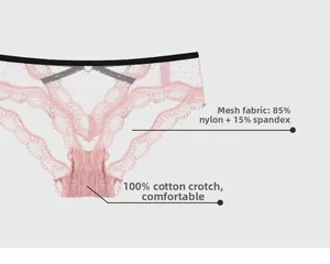 Detail of pink lace panties featuring polka dot mesh and 100% cotton inner crotch