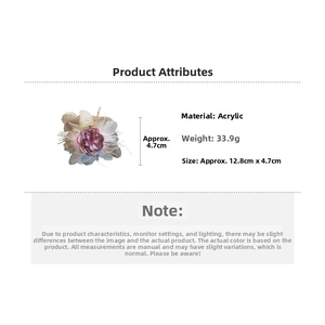 Detail view of floral fabric hair claw with 12.8cm size and acrylic material specs
