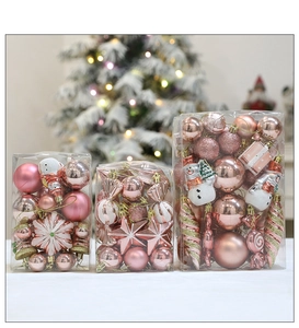 Detailed view of pink gold Christmas ornaments set in various shapes and glitter textures