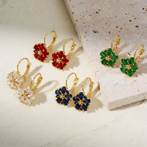 Flower Zircon Earrings Copper Rose Gold Plated With Colorful Pear Shaped Stones Elegant Sweet Lever Back Jewelry