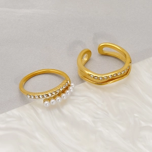 Minimalist 18K gold plated ring set with white pearl and sparkling zircon accents
