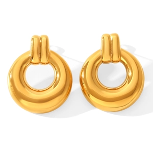 Close-up of polished 18k gold plated stainless steel chunky hoop earrings on white background