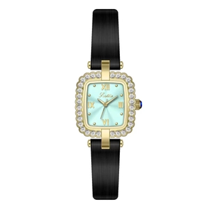 Women's square gold quartz watch with mint green dial and diamond-encrusted bezel