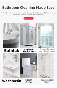 Multi-purpose bathroom cleaning brush showing usage on tiles, glass, and tub surfaces