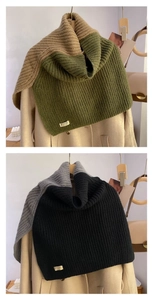 Detailed knit texture of color-block scarves in camel-green and grey-black styles