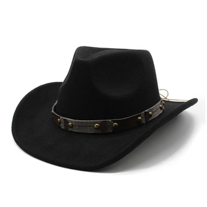Western Cowboy Hat Woolen Wide Brim Fedora With Leather Rivet Band Vintage Ethnic Style For Women Men