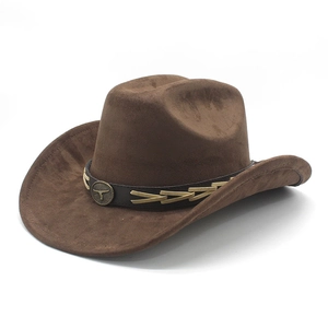 Western Cowboy Hat Faux Suede Wide Brim Retro Ethnic Style With Metal Bull Head Buckle Belt Decoration For Unisex