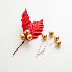 Artificial Christmas leaves with red silk petals and golden berries for DIY holiday decor