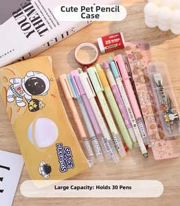 Spacious astronaut pencil case in yellow canvas showing large 30-pen storage capacity