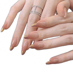 French sunset blush press-on nails with almond shape and golden chrome edge