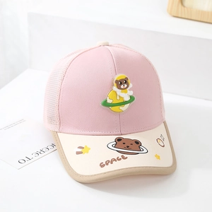 Detail of pink and beige kids mesh baseball cap with 3D space bear and SPACE print