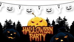 Cartoon Halloween party banner featuring glowing pumpkins and spooky ghosts in the forest