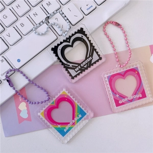 Acrylic heart stamp photo frame keychain pendants in black, pink and rainbow colors
