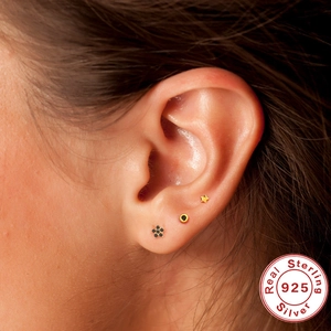 S925 sterling silver mini stud earrings set featuring star flower and dot motifs