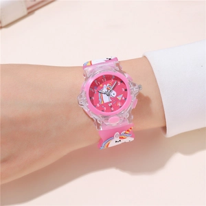 Pink cartoon unicorn quartz watch for kids with LED lights and glowing silicone strap