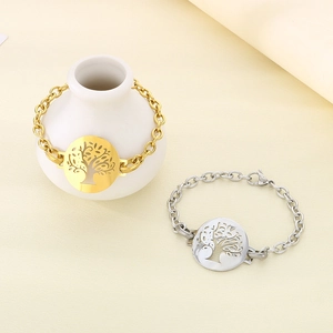 Tree Of Life Bracelet Stainless Steel Hollow Round Pendant Thick Chain Punk Fashion Jewelry For Women Gift Accessory