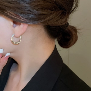 Detailed view of silver minimalist double-hoop earrings with zircon pave on a female model