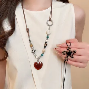 Long Beaded Pendant Necklace With Stone Ceramic Wood Beads Heart Flower Shape Leopard Print Bohemian Vintage Style For Women