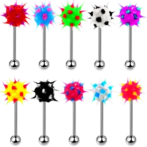 Set di 10 piercing per lingua in acciaio inossidabile con sfere a punta in silicone colorato